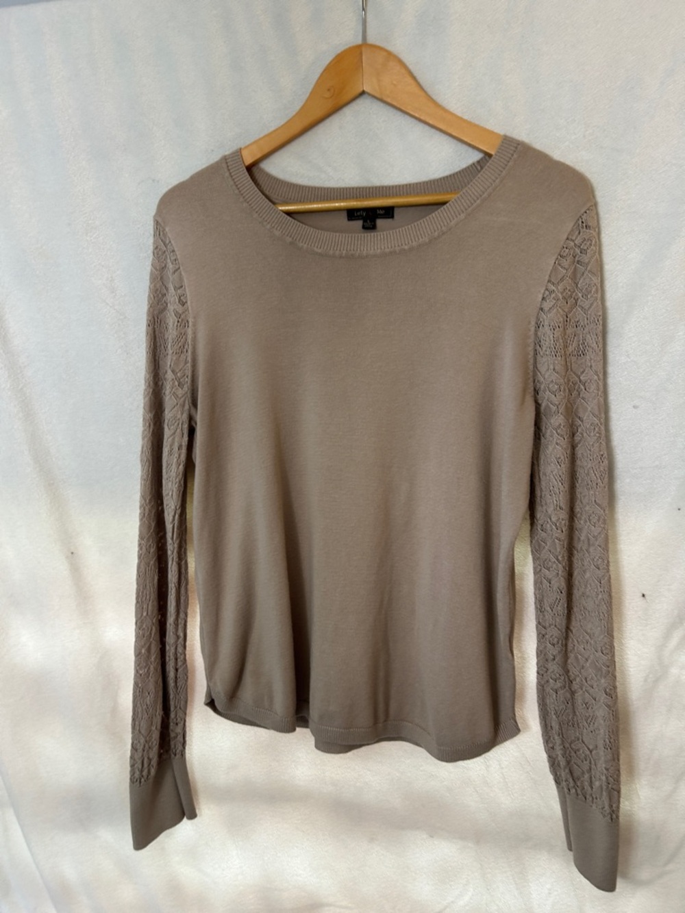 Taupe Knit Sweater with Lace Sleeve Panels